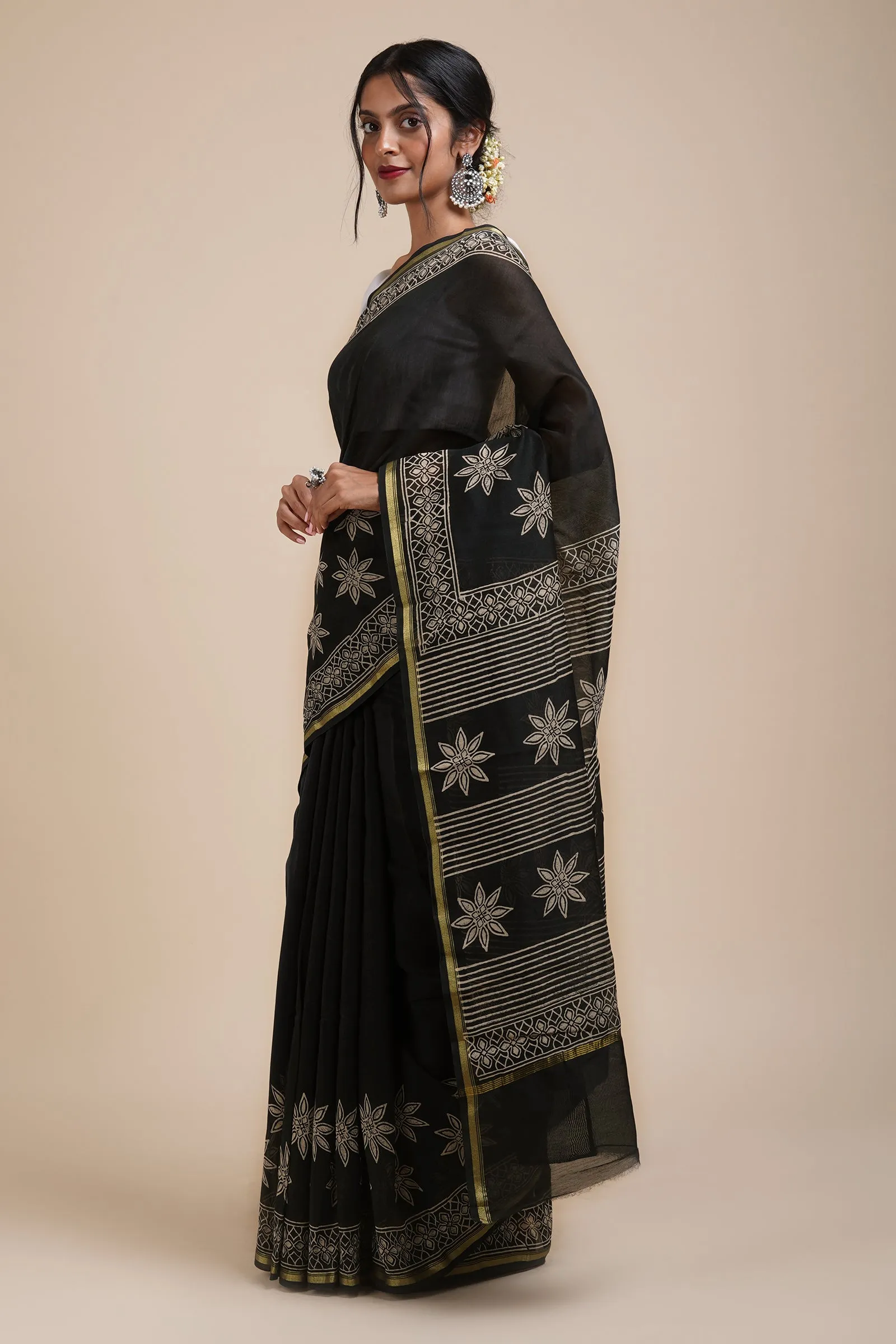 Teejh Chandini Raat Black Block Print Chanderi Silk Saree