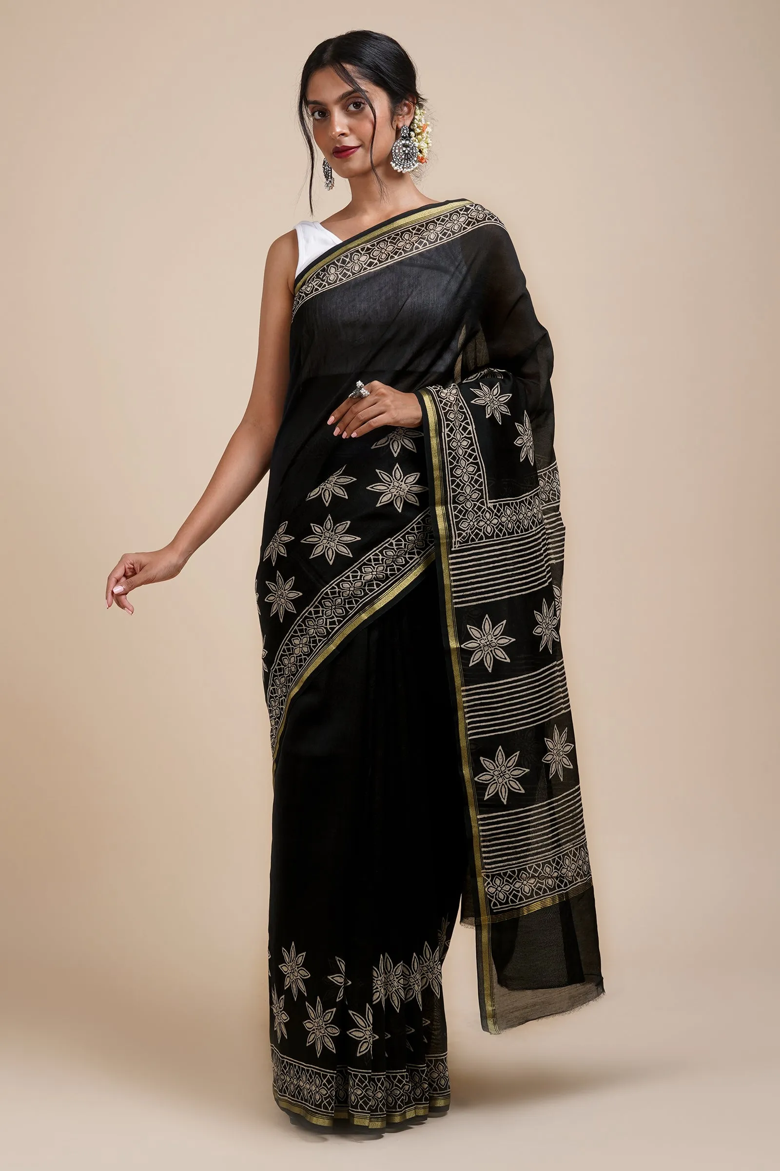 Teejh Chandini Raat Black Block Print Chanderi Silk Saree