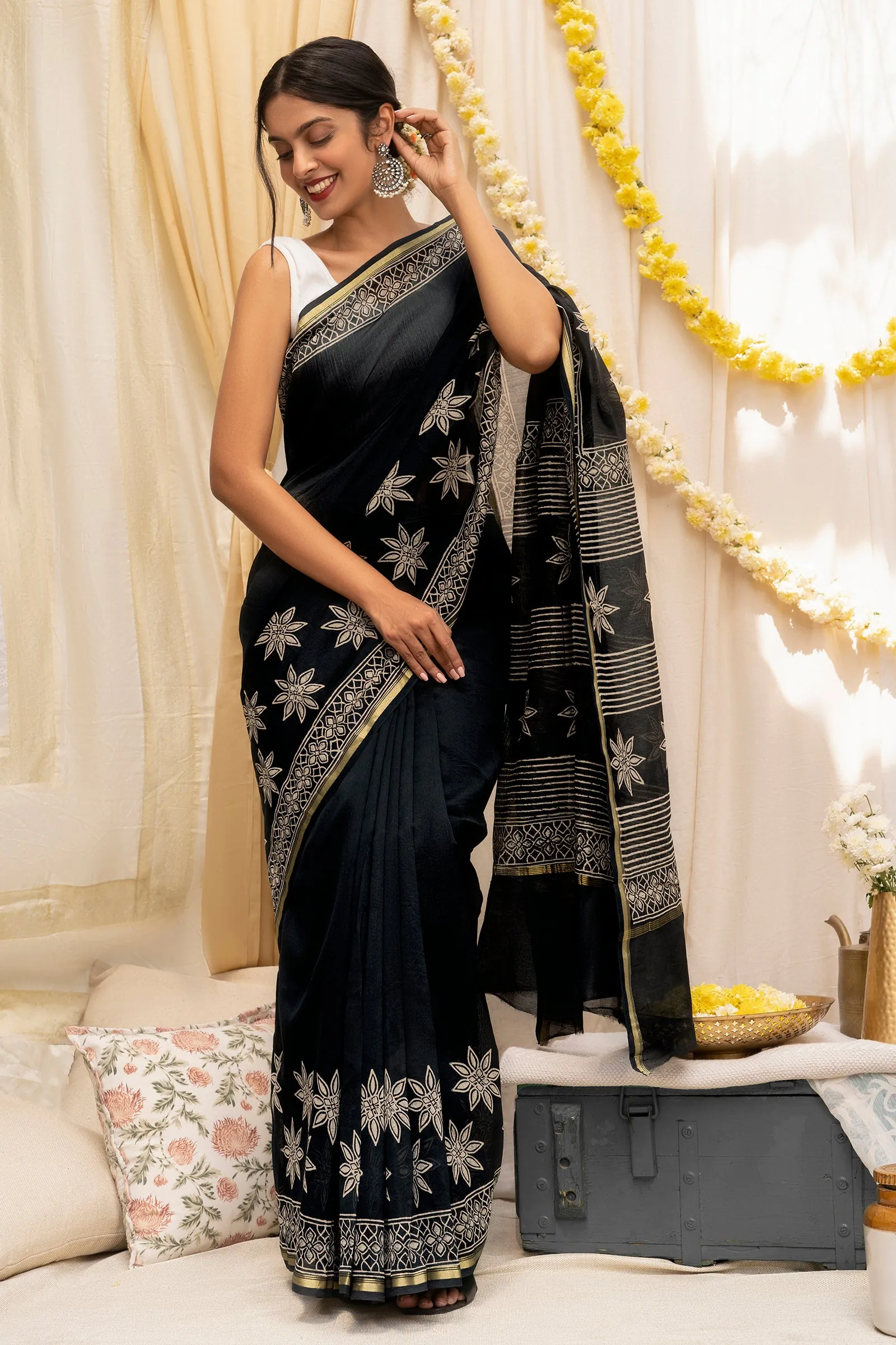 Teejh Chandini Raat Black Block Print Chanderi Silk Saree