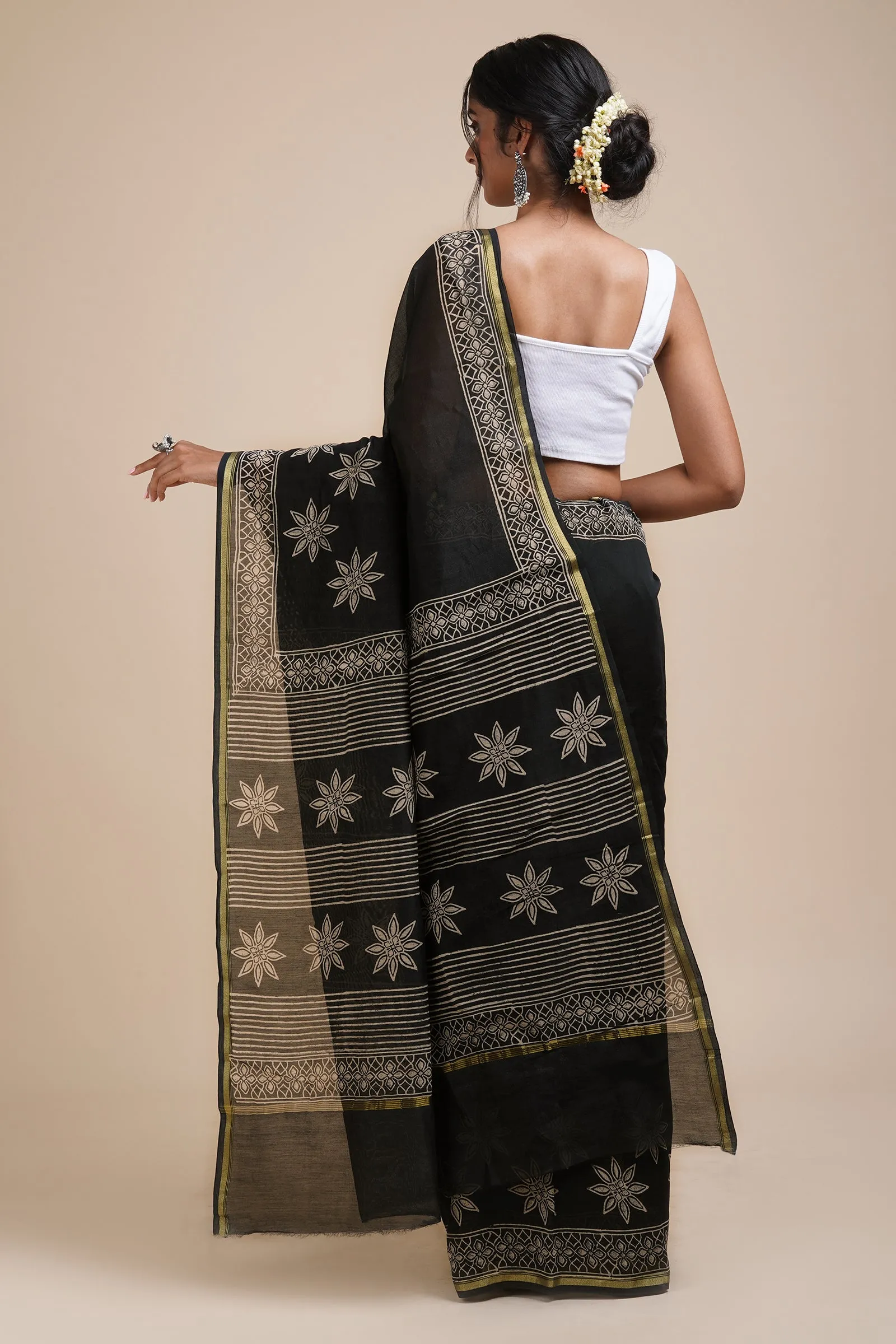 Teejh Chandini Raat Black Block Print Chanderi Silk Saree