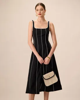 The Black Square Neck Contrast Midi Dress