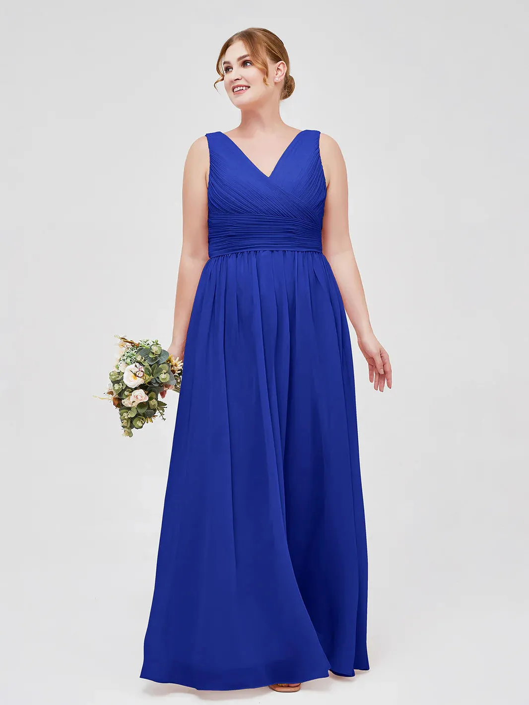 V Neckline Floor Length Chiffon Dresses Royal Blue