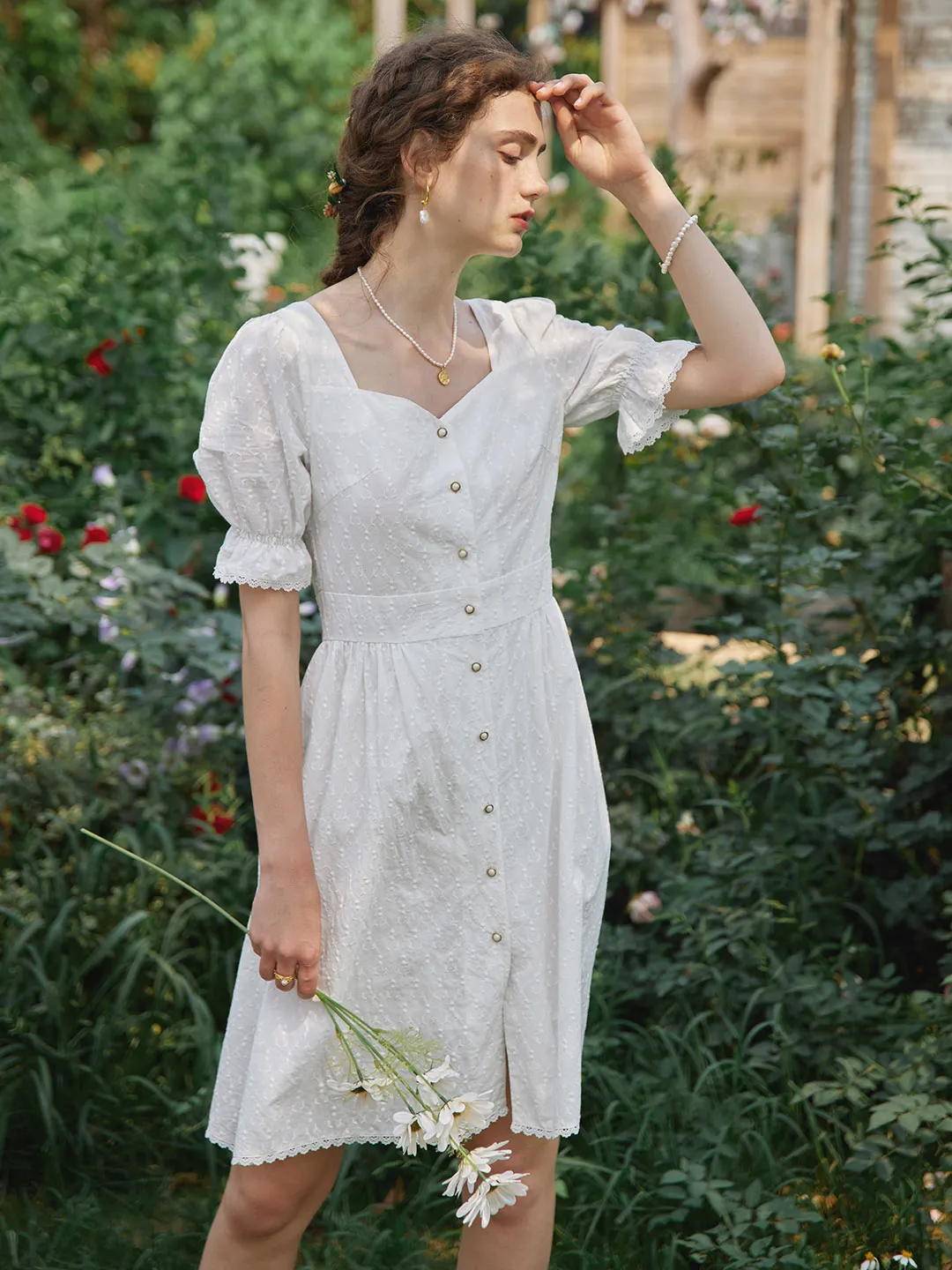 Victorian 100% Cotton Embroidery Midi Dress