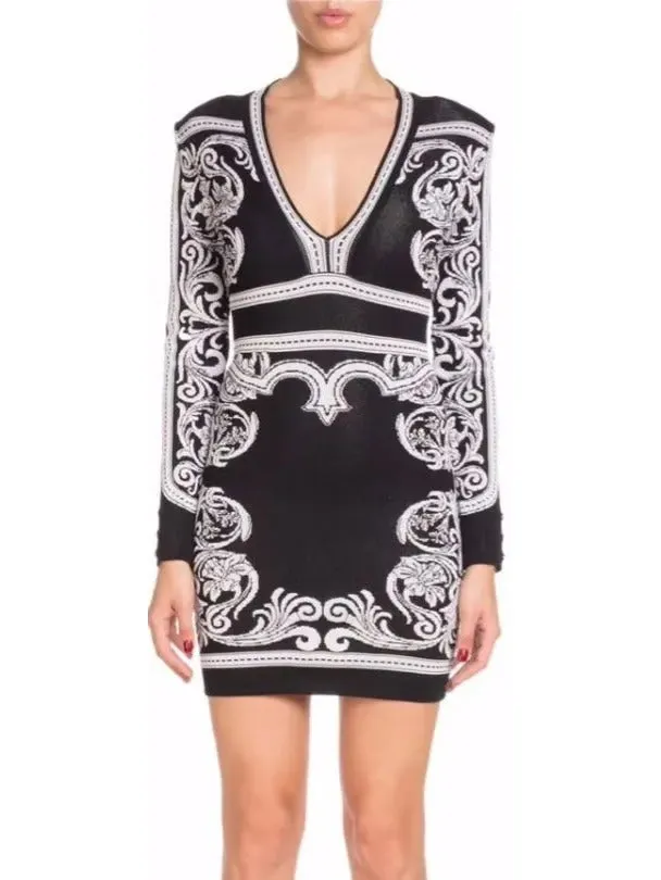 Women’s Black and White Baroque Stretch Mini Dress