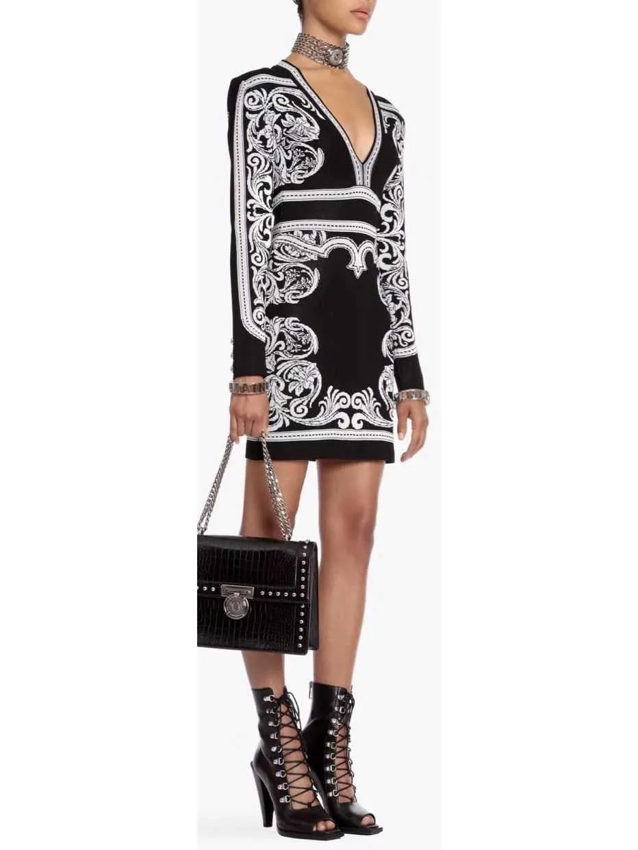 Women’s Black and White Baroque Stretch Mini Dress