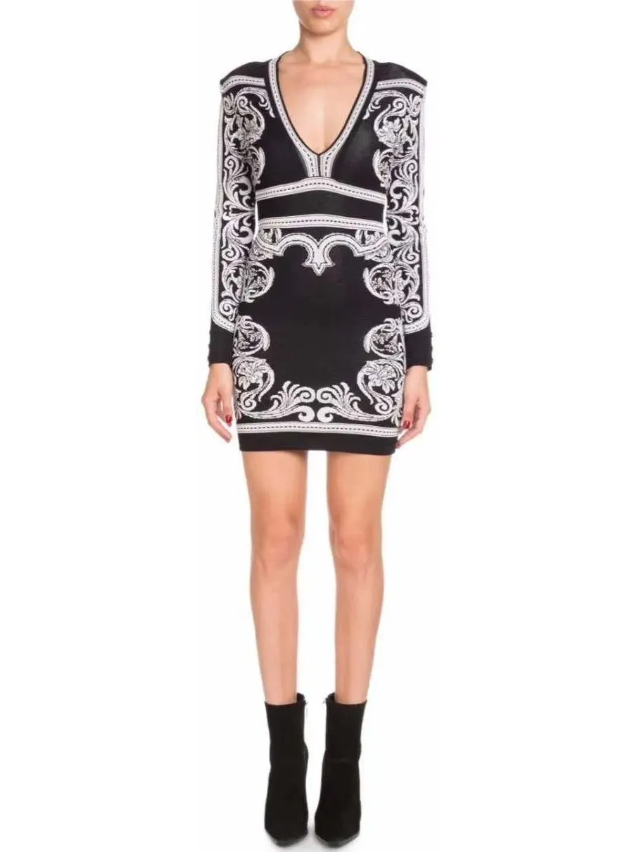 Women’s Black and White Baroque Stretch Mini Dress