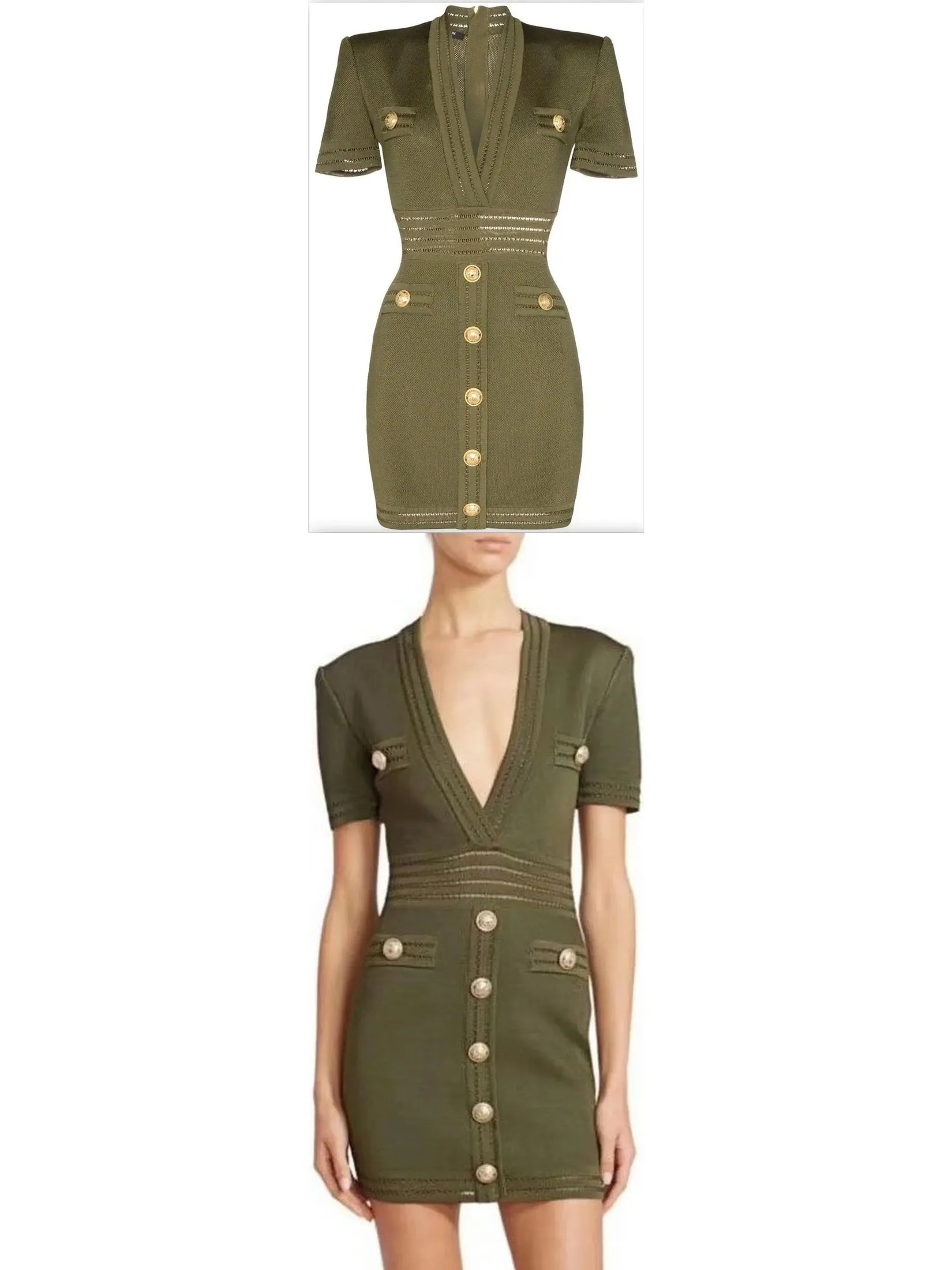 Women’s Button-Embellished V-Neck Mini Dress, Green