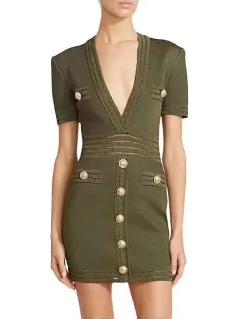 Women’s Button-Embellished V-Neck Mini Dress, Green